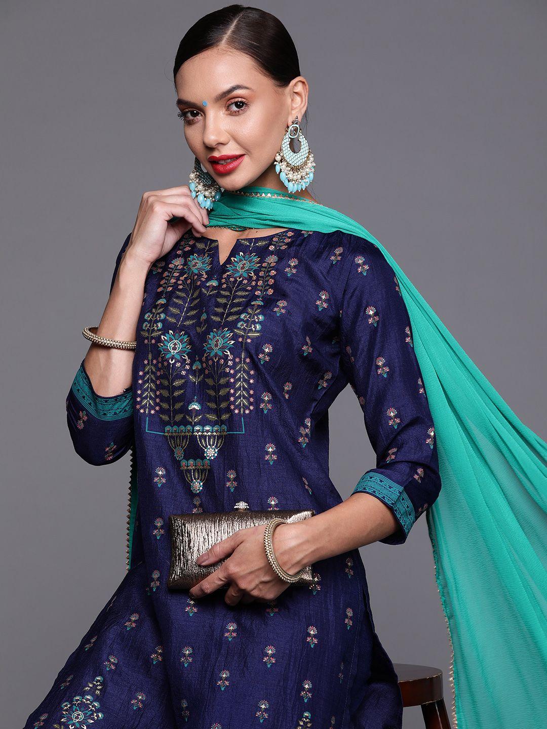 indo era women navy blue & green ethnic motifs printed kurta with palazzos & with dupatta