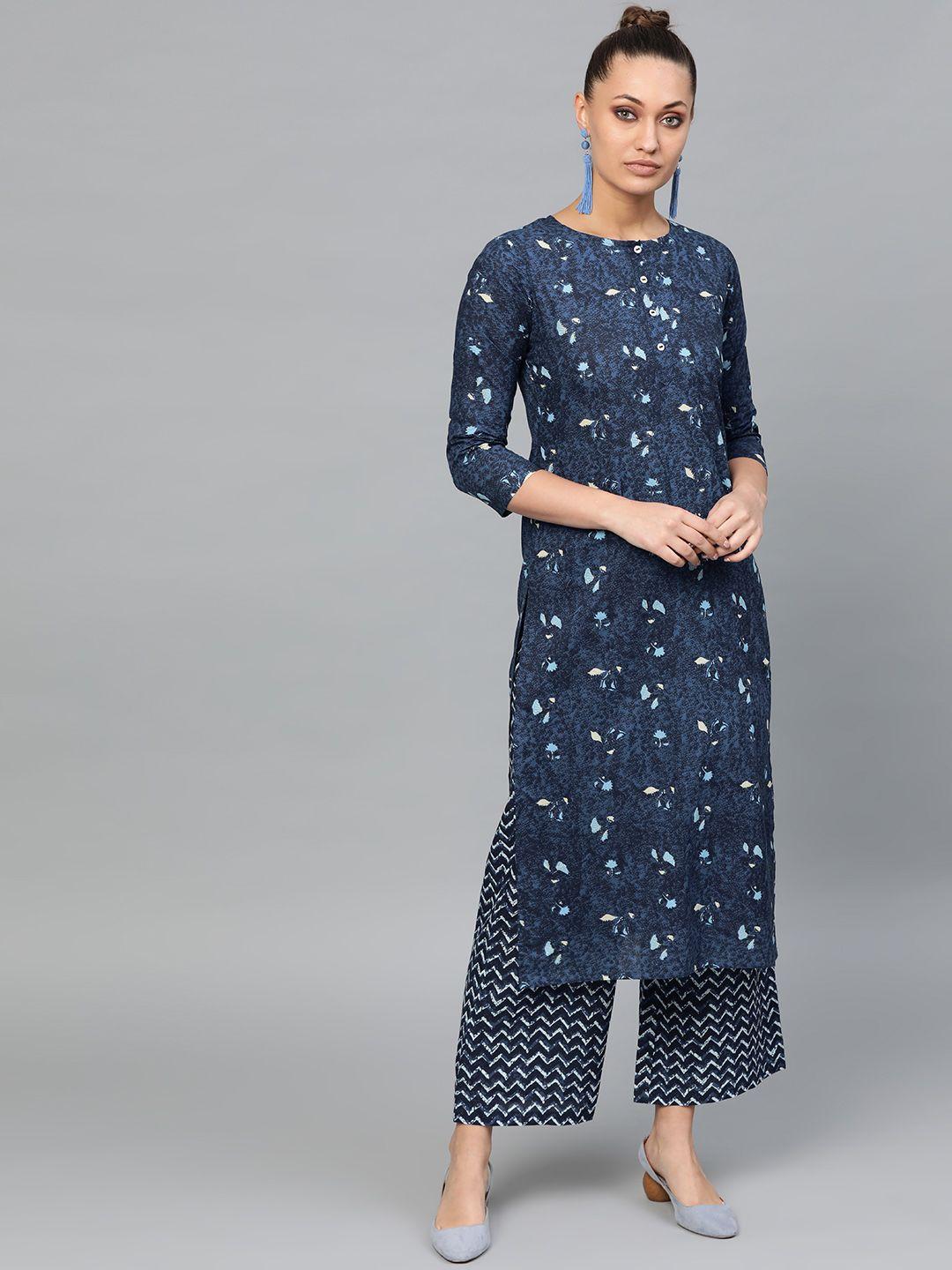 indo era women navy blue & off-white printed kurta with palazzos
