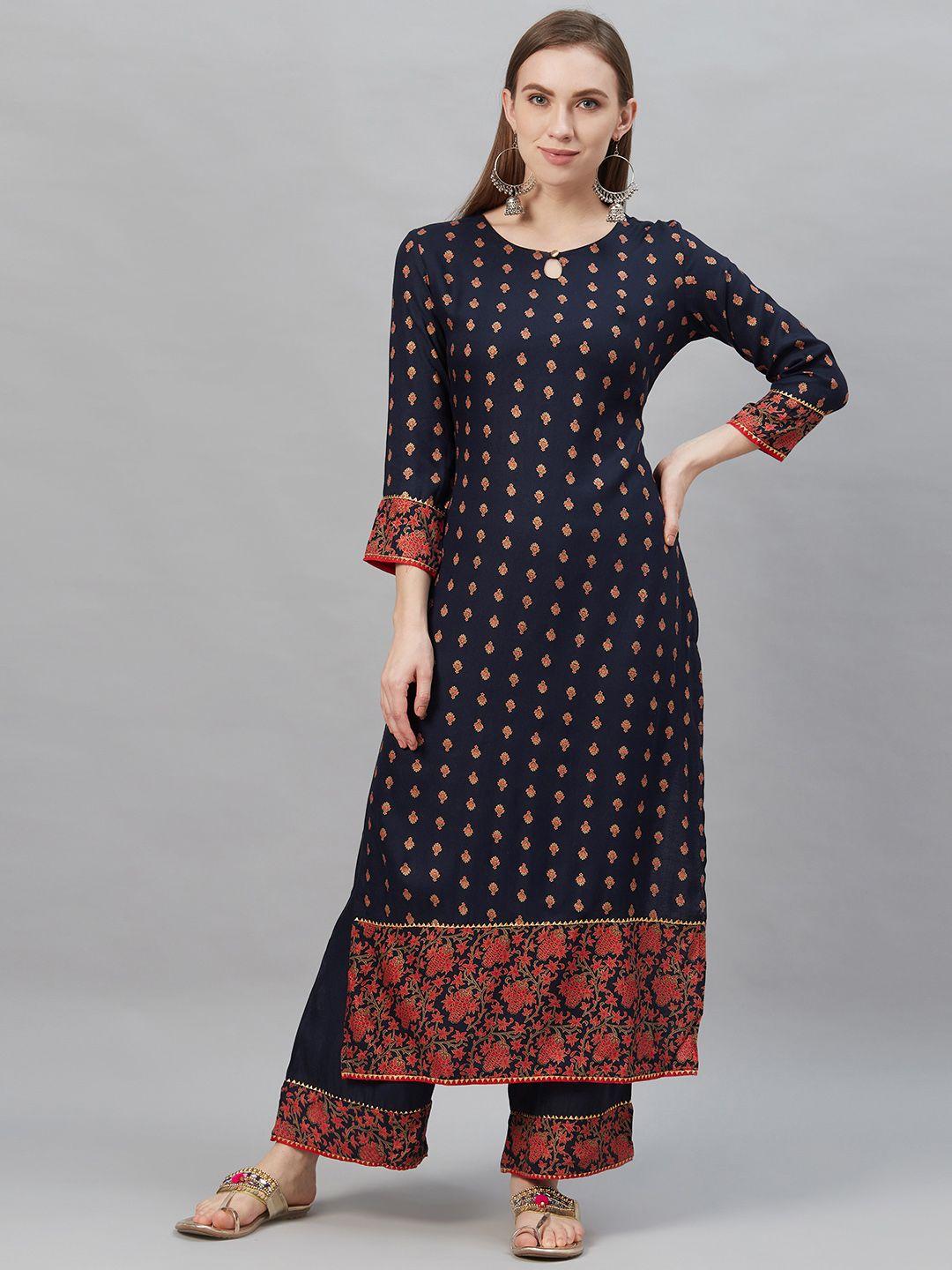 indo era women navy blue & red ethnic foil printed kurta with palazzos