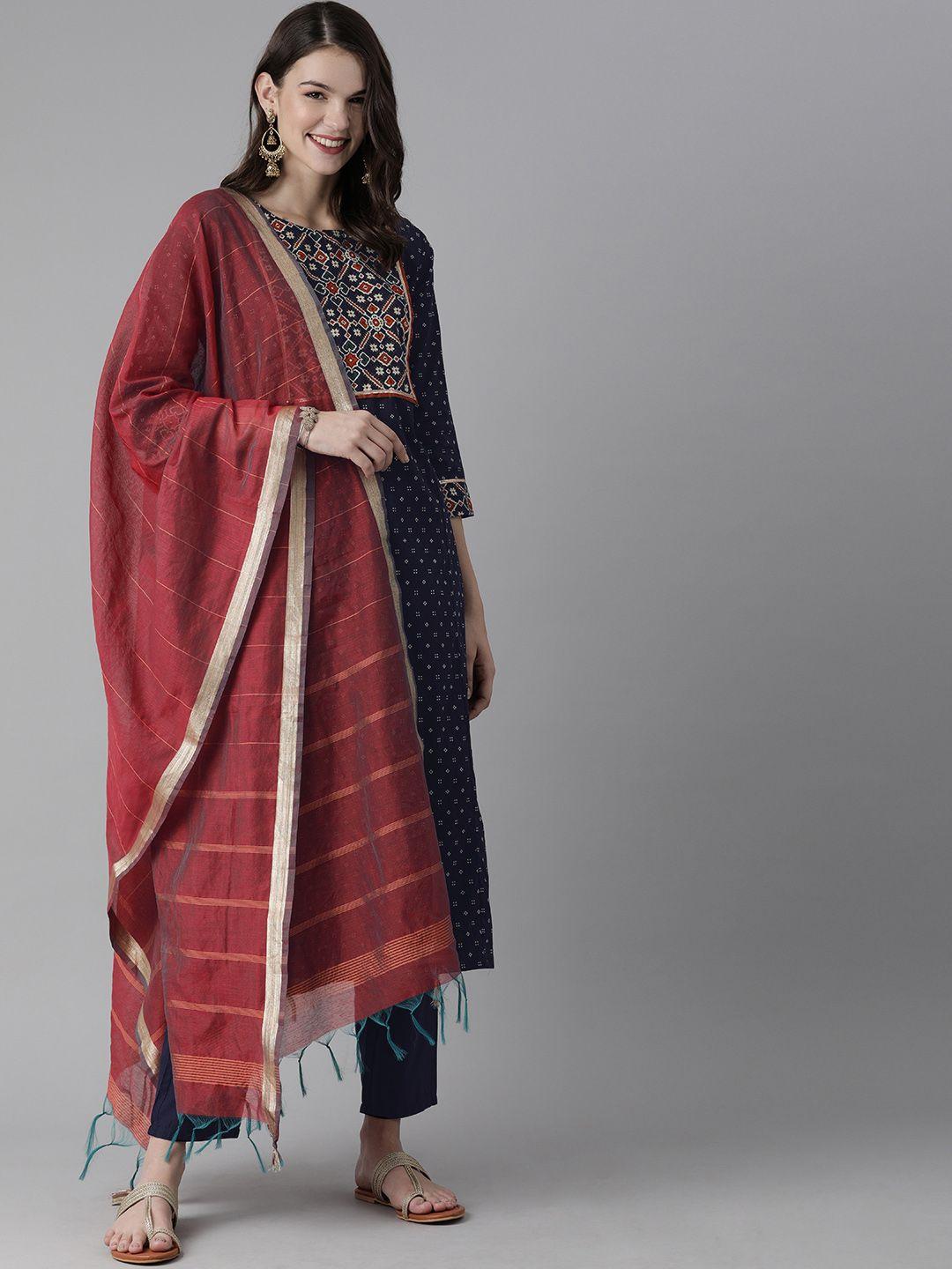 indo era women navy blue & red printed pure cotton kurta with trousers & dupatta