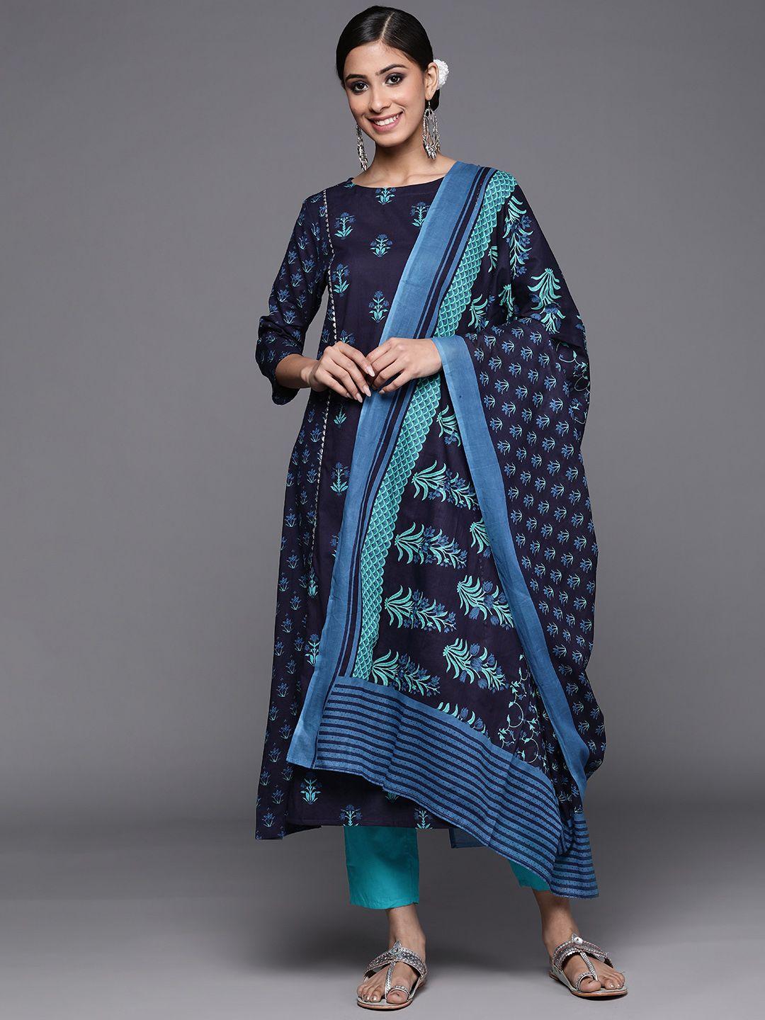 indo era women navy blue & sea green floral print kurta with trousers & dupatta