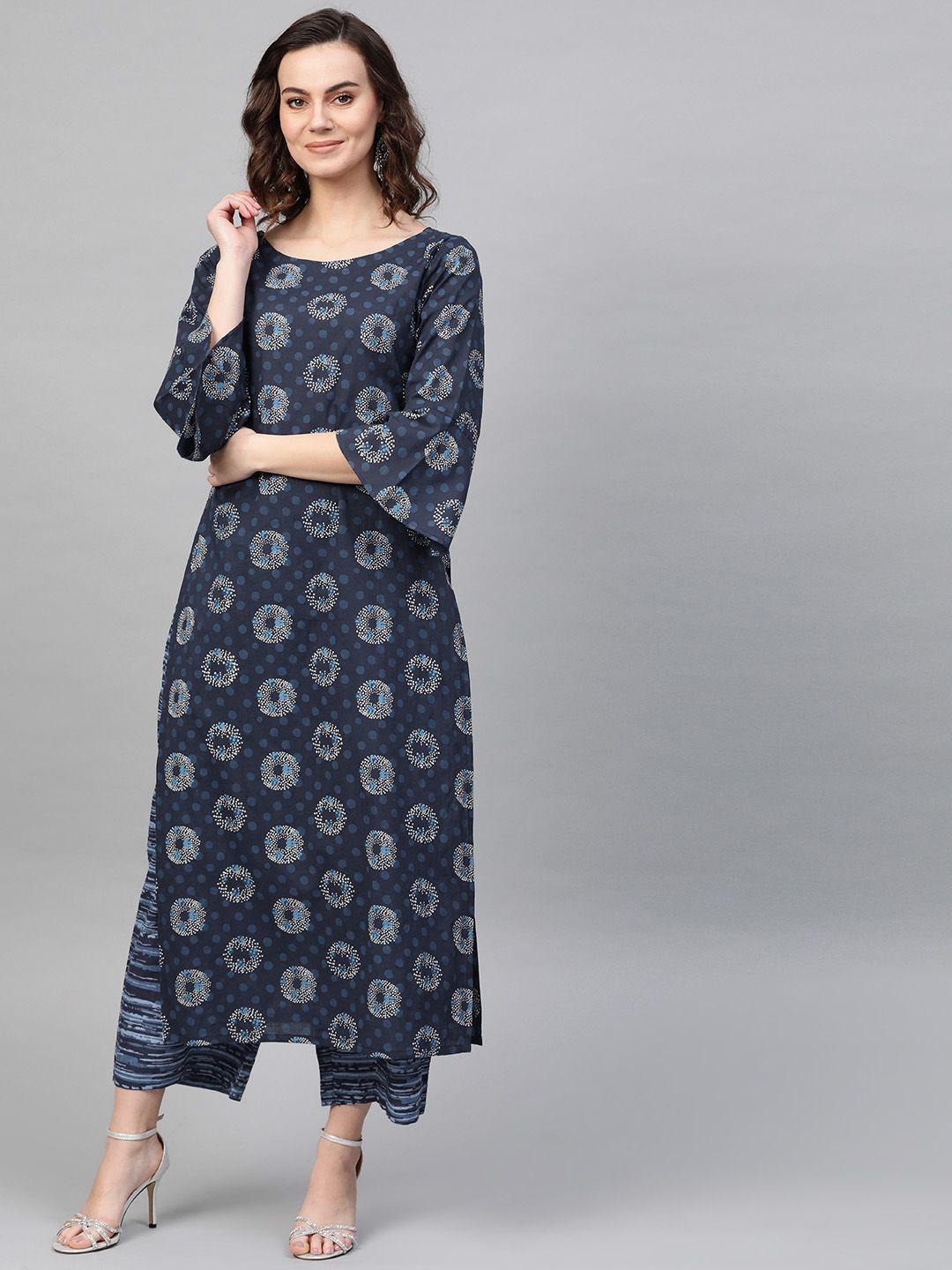 indo era women navy blue & white printed kurta with palazzos