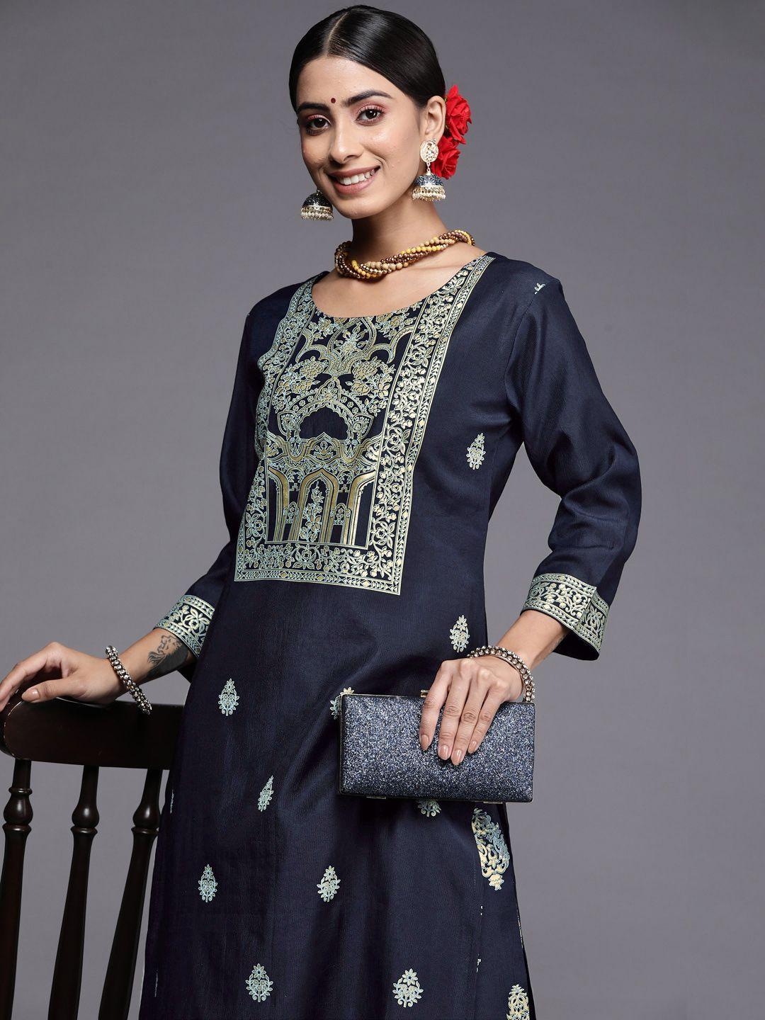 indo era women navy blue ethnic motifs printed liva kurta with trousers