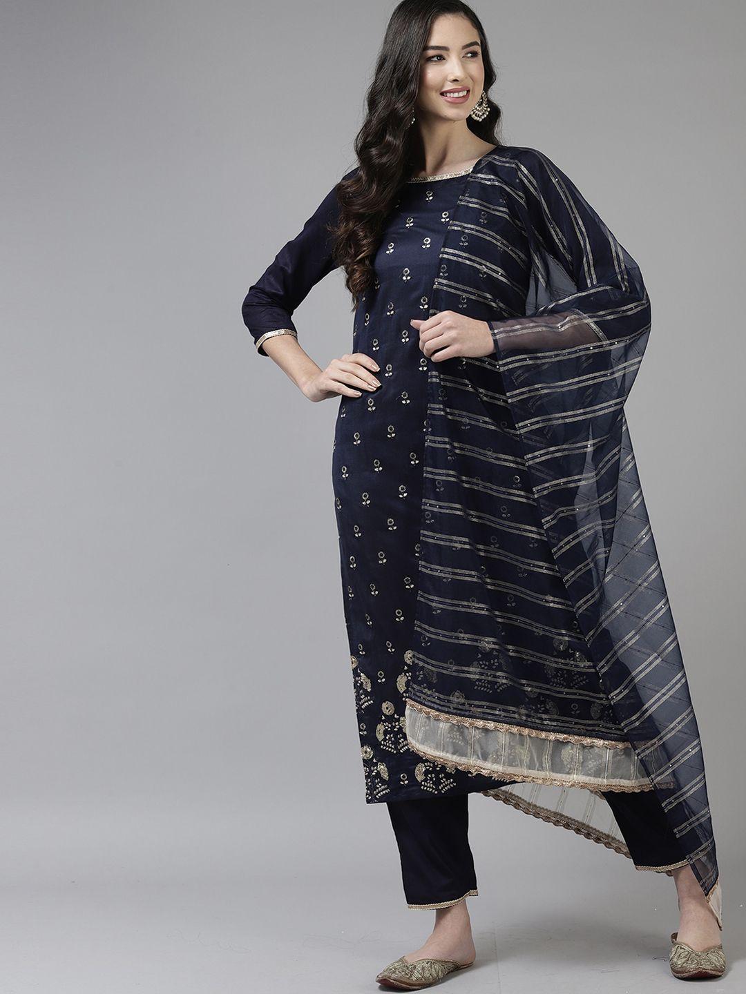 indo era women navy blue ethnic motifs printed pure cotton kurta with trousers & with dupatta