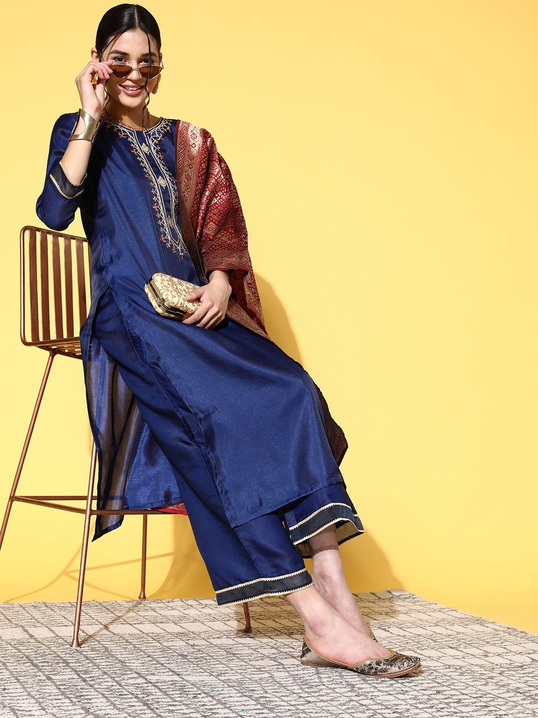 indo era women navy blue ethnic motifs woven design sequined kurta with trousers & dupatta