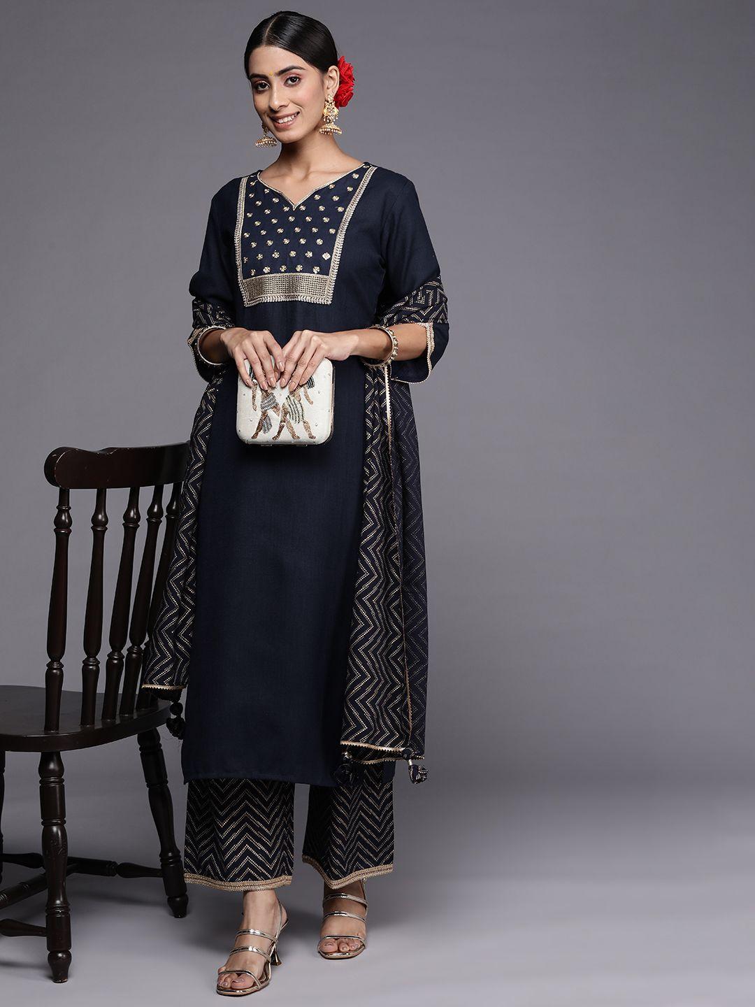 indo era women navy blue ethnic motifs yoke design sequinned kurta with palazzos & with dupatta