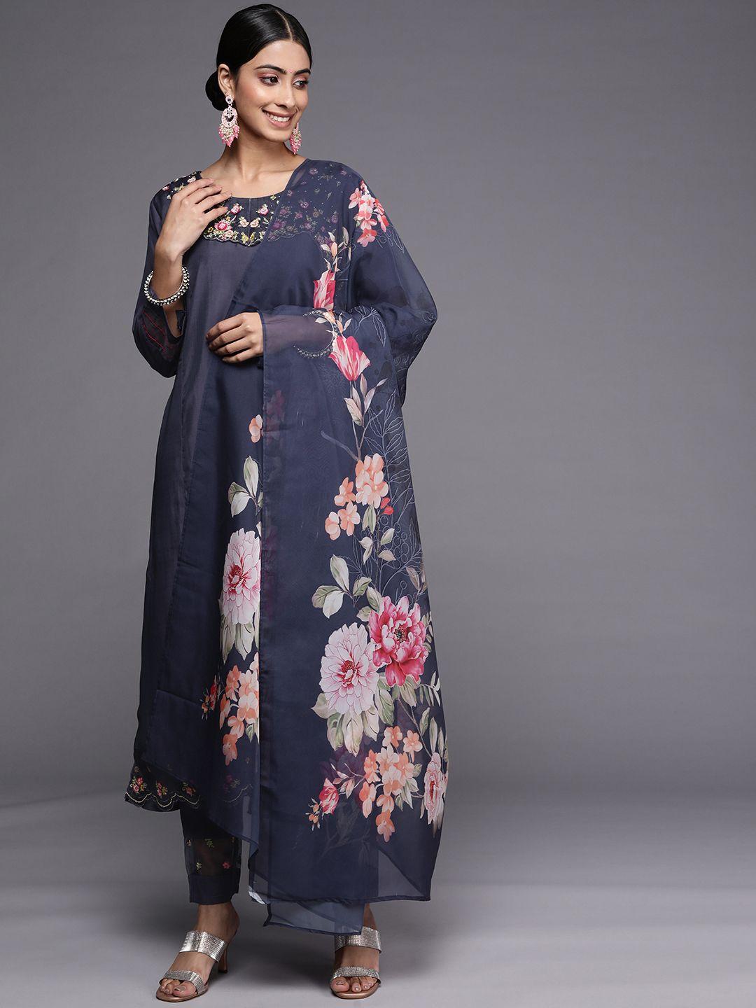 indo era women navy blue floral embroidered beads and stones chanderi cotton kurta with trousers & with