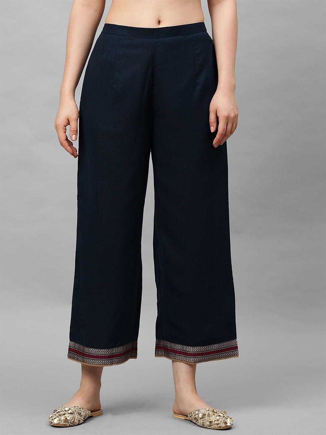 indo era women navy blue hem design straight palazzos