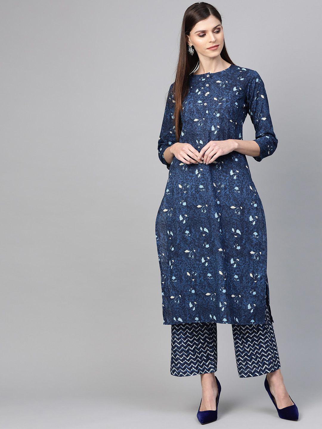 indo era women navy blue printed kurta with palazzos