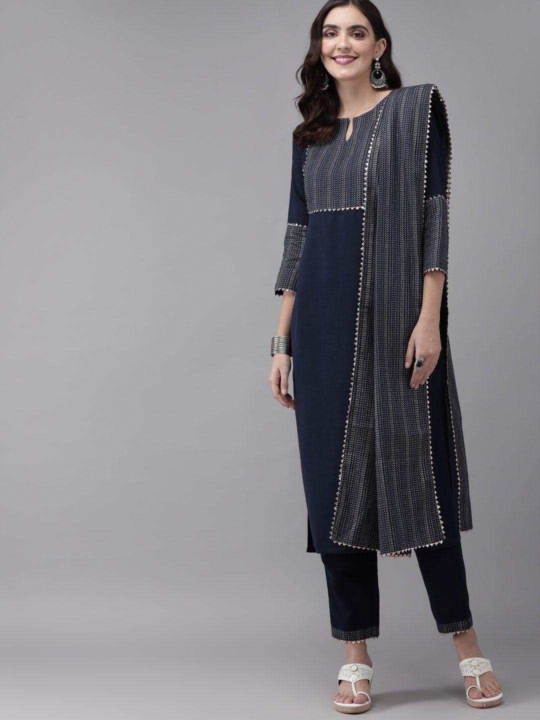 indo era women navy blue printed kurta with trousers & dupatta