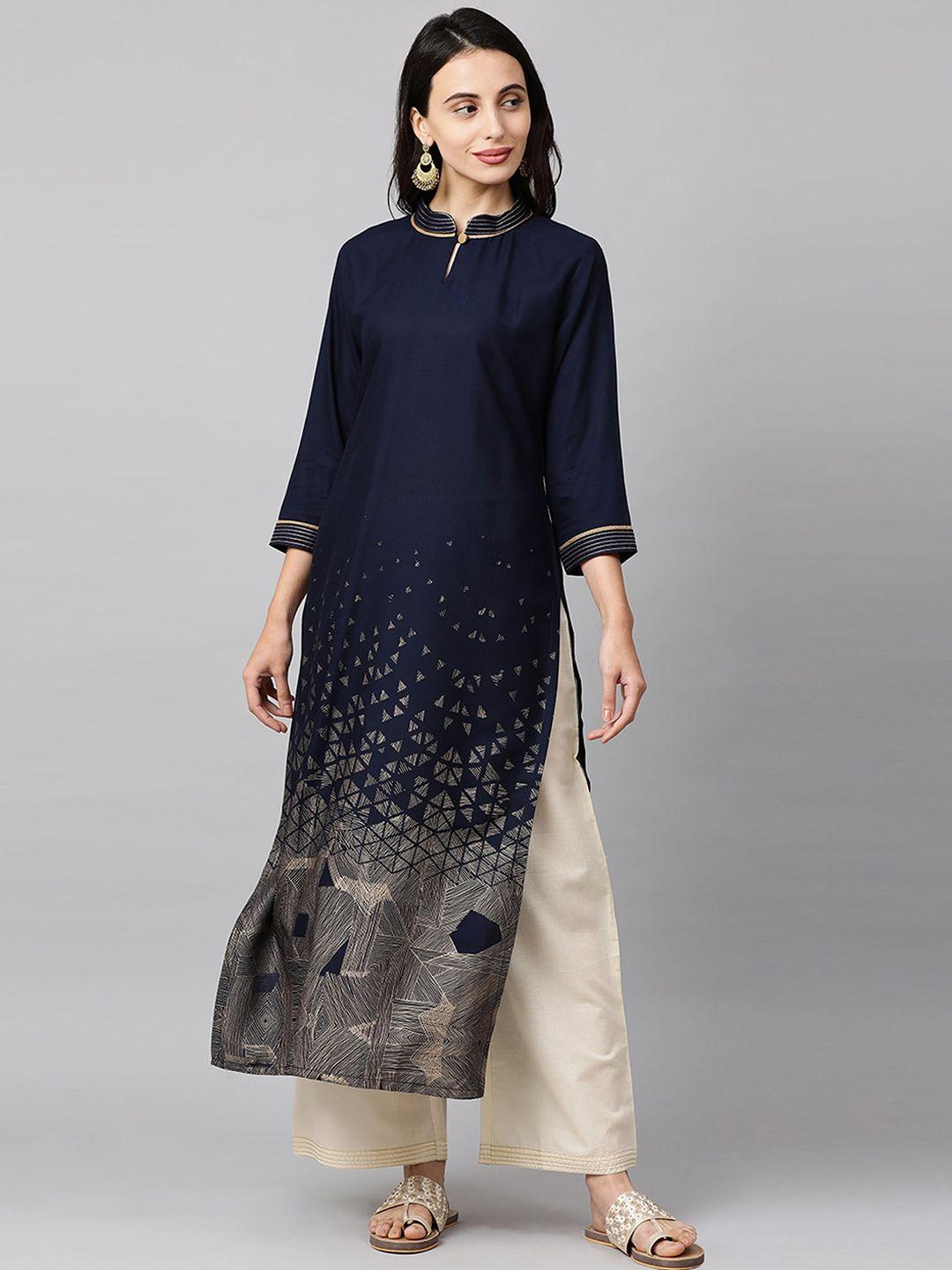 indo era women navy blue printed straight kurta