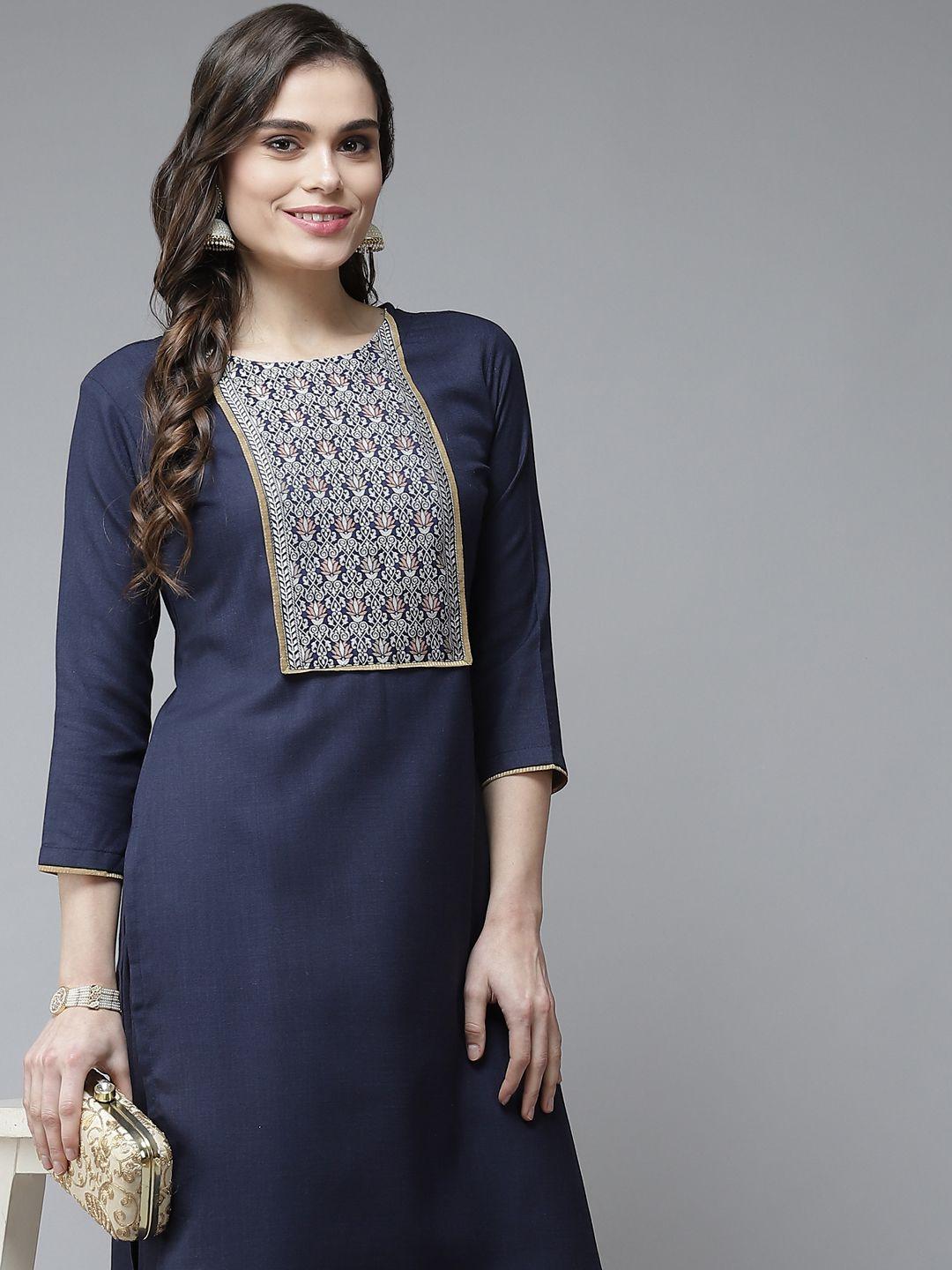 indo era women navy blue pure cotton patchwork kurta with palazzos