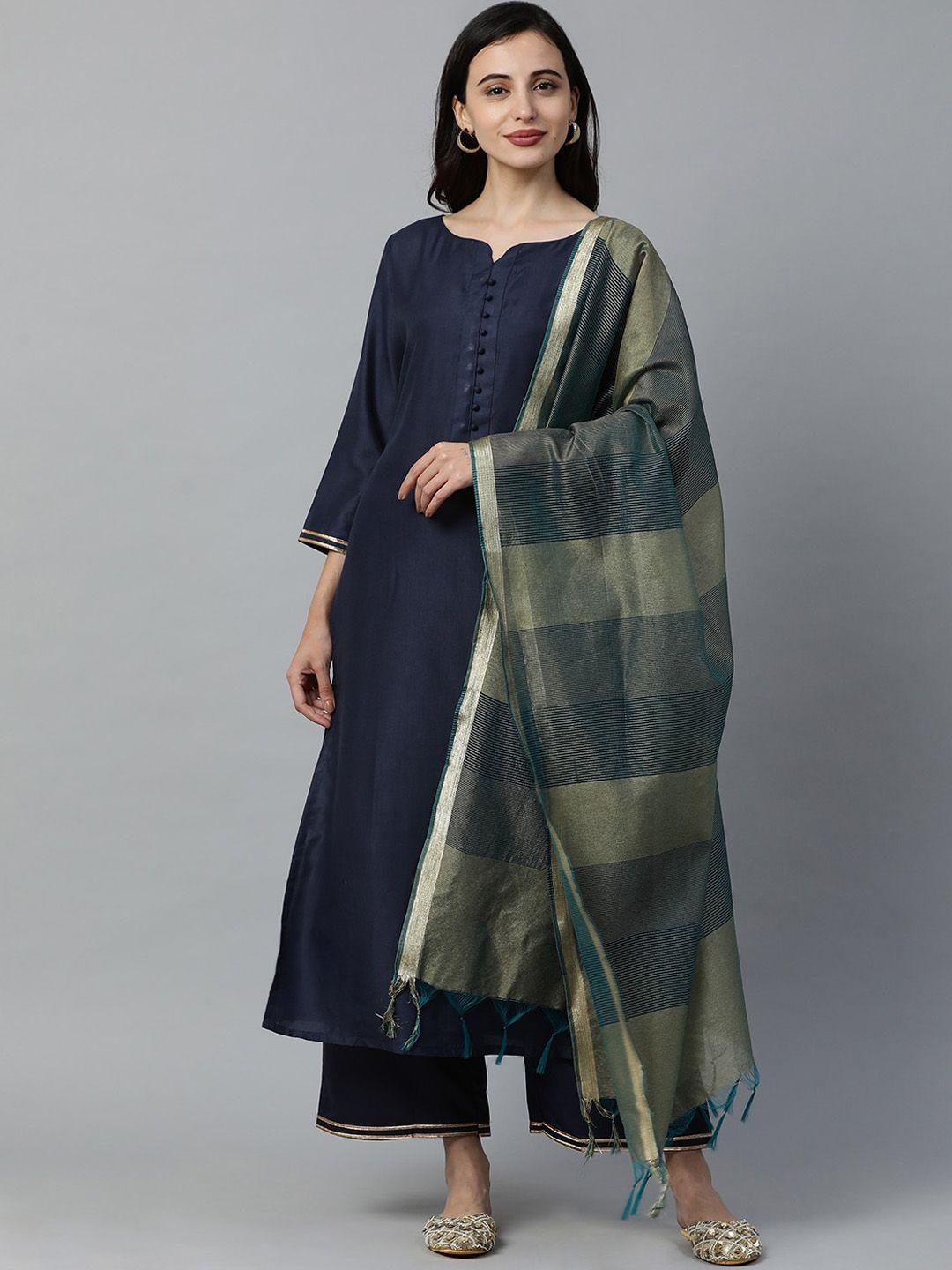 indo era women navy blue solid kurta with palazzos & dupatta