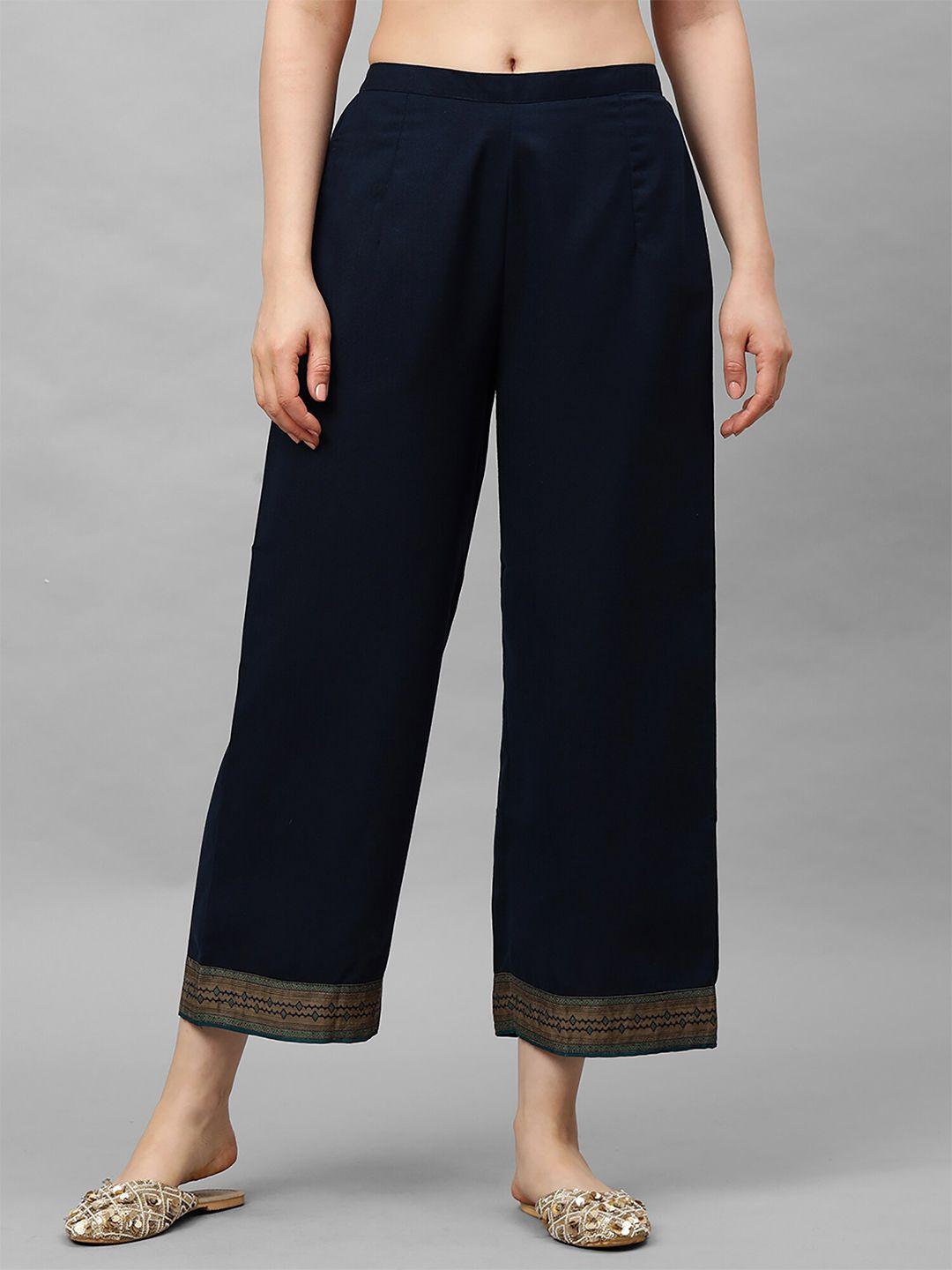 indo era women navy blue solid straight palazzos