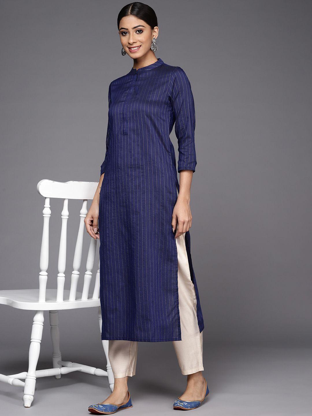 indo era women navy blue striped kurta