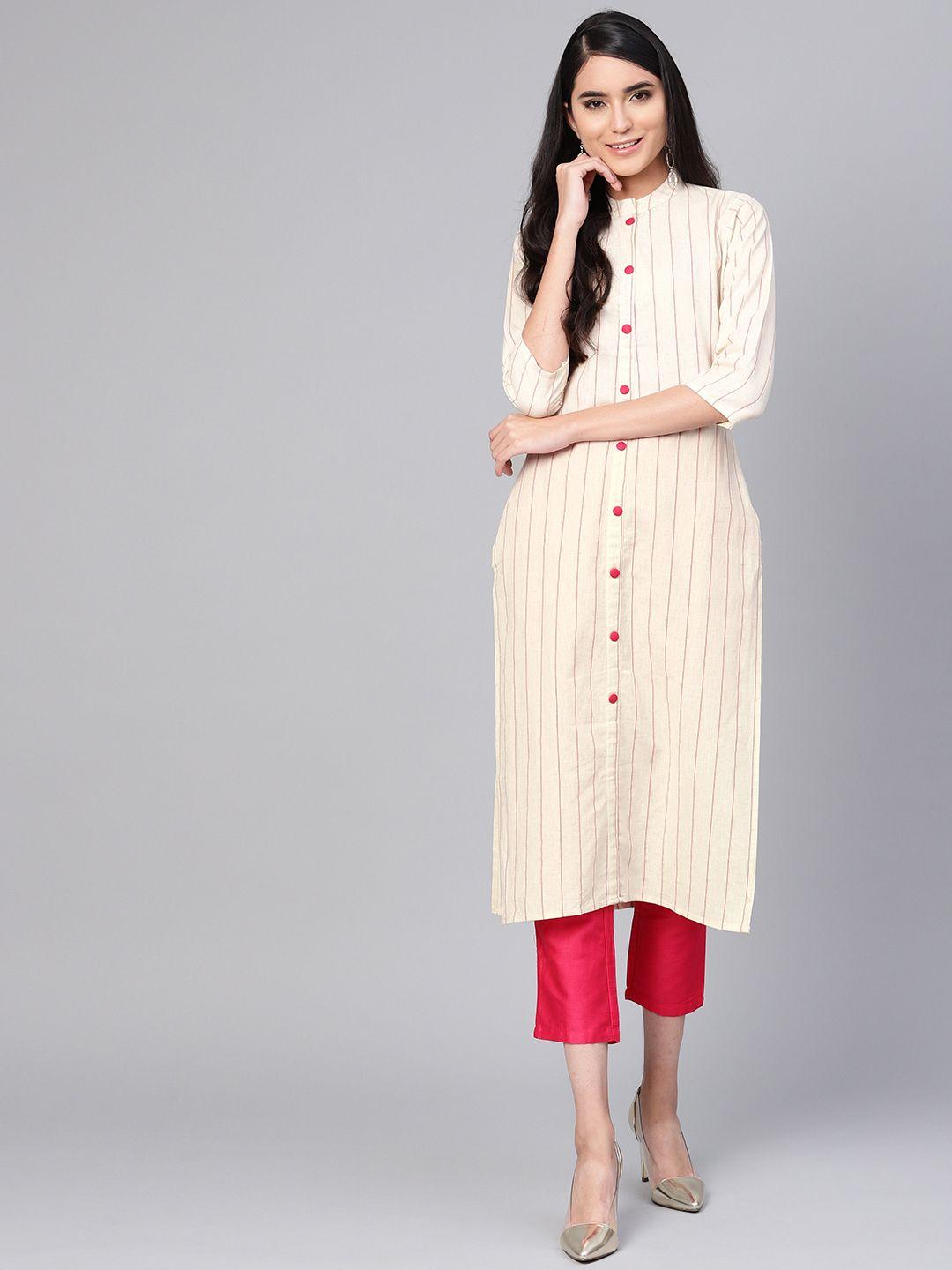 indo era women off-white & maroon striped straight kurta