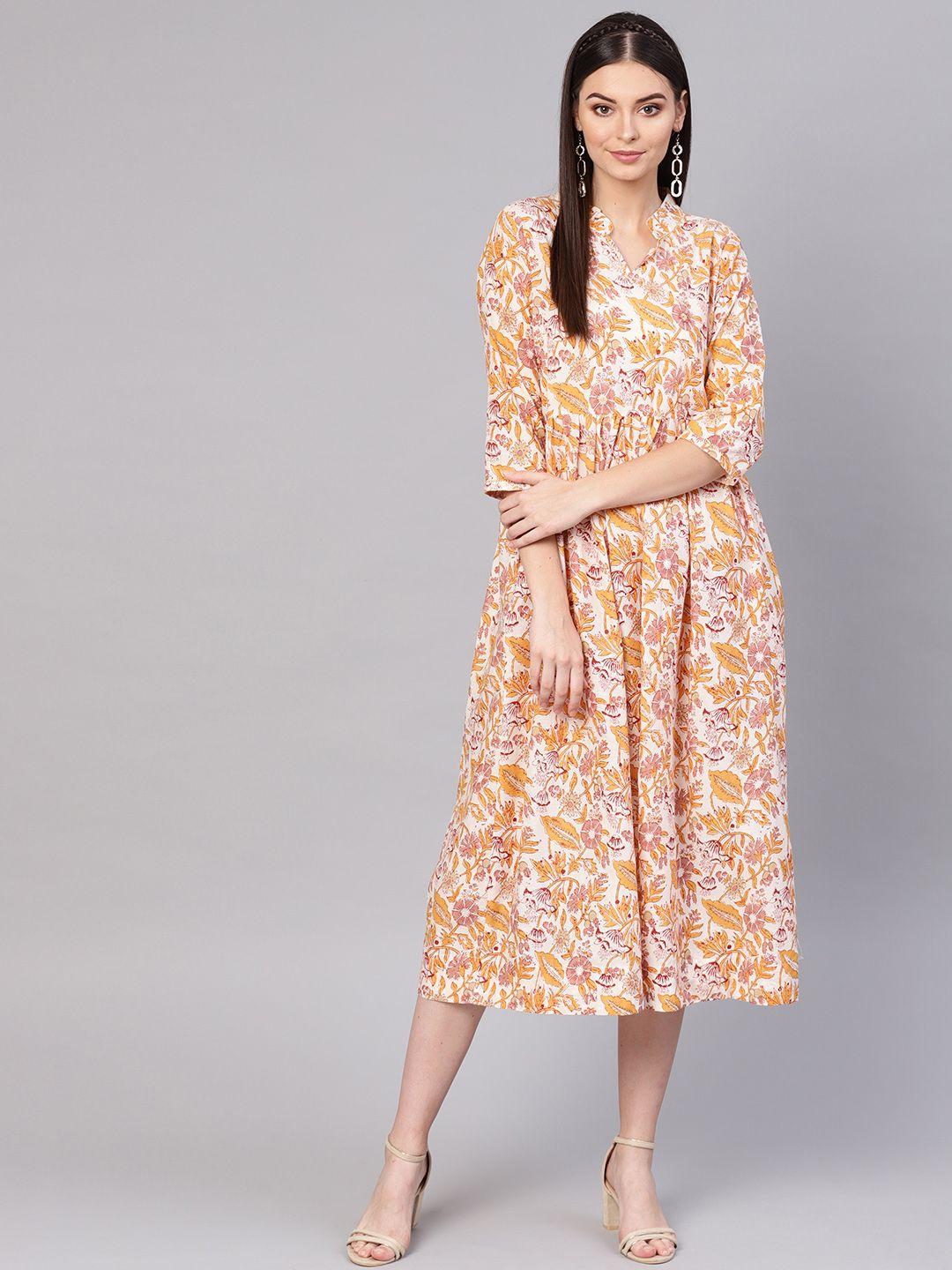 indo era women off-white & mustard yellow floral print a-line dress