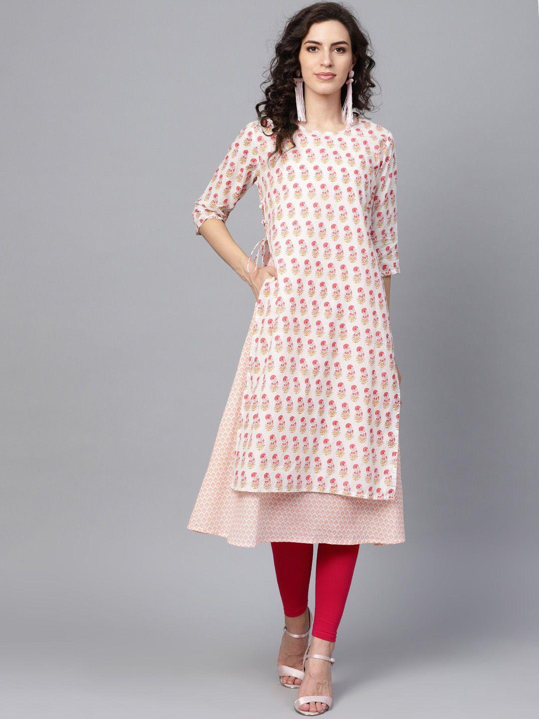 indo era women off-white & pink floral print a-line kurta