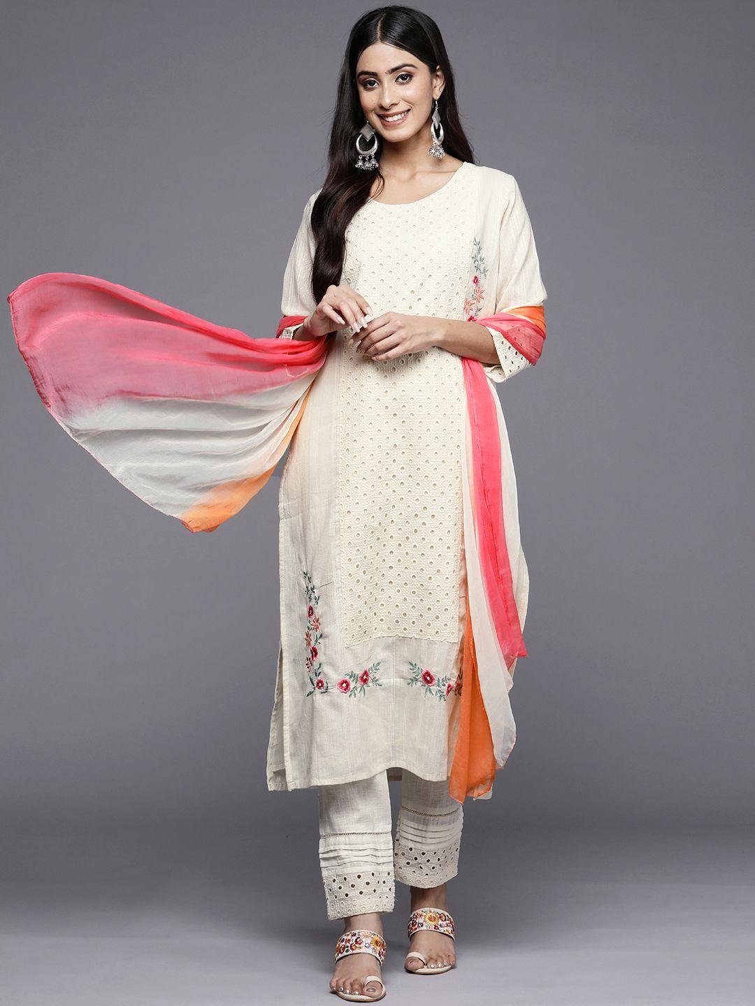 indo era women off white embroidered schiffli pure cotton kurta with trousers & dupatta