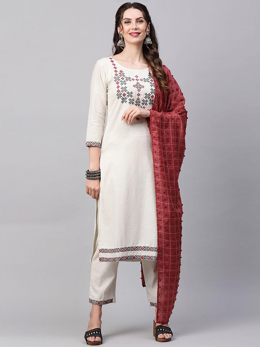 indo era women off white ethnic motifs embroidered pure cotton kurta with trousers & with dupatta
