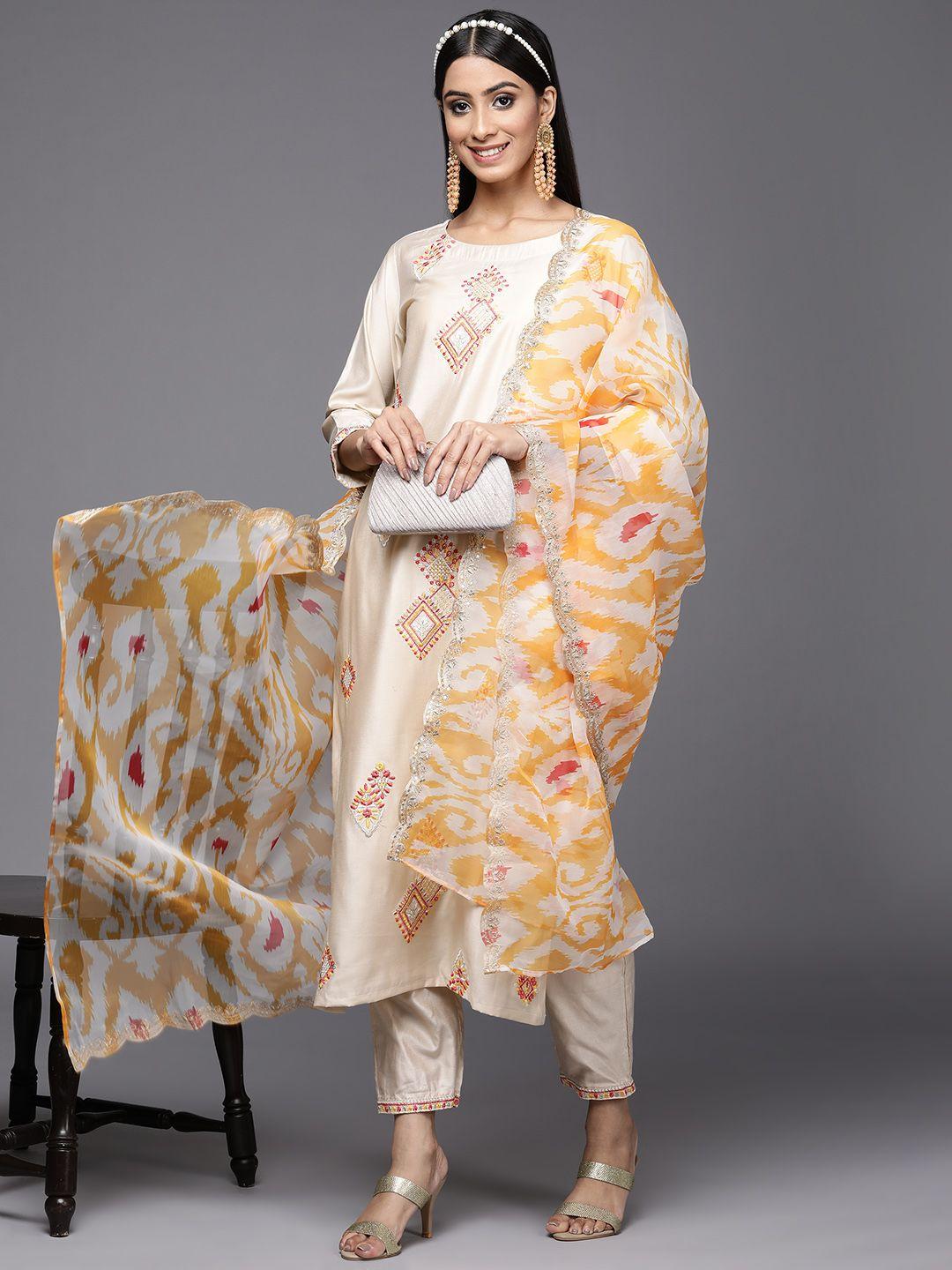 indo era women off white ethnic motifs embroidered thread work liva kurta with trousers & with dupatta