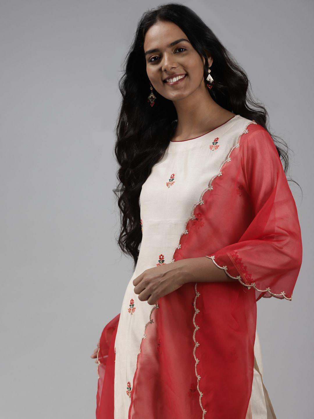 indo era women off white floral embroidered liva kurta with trousers