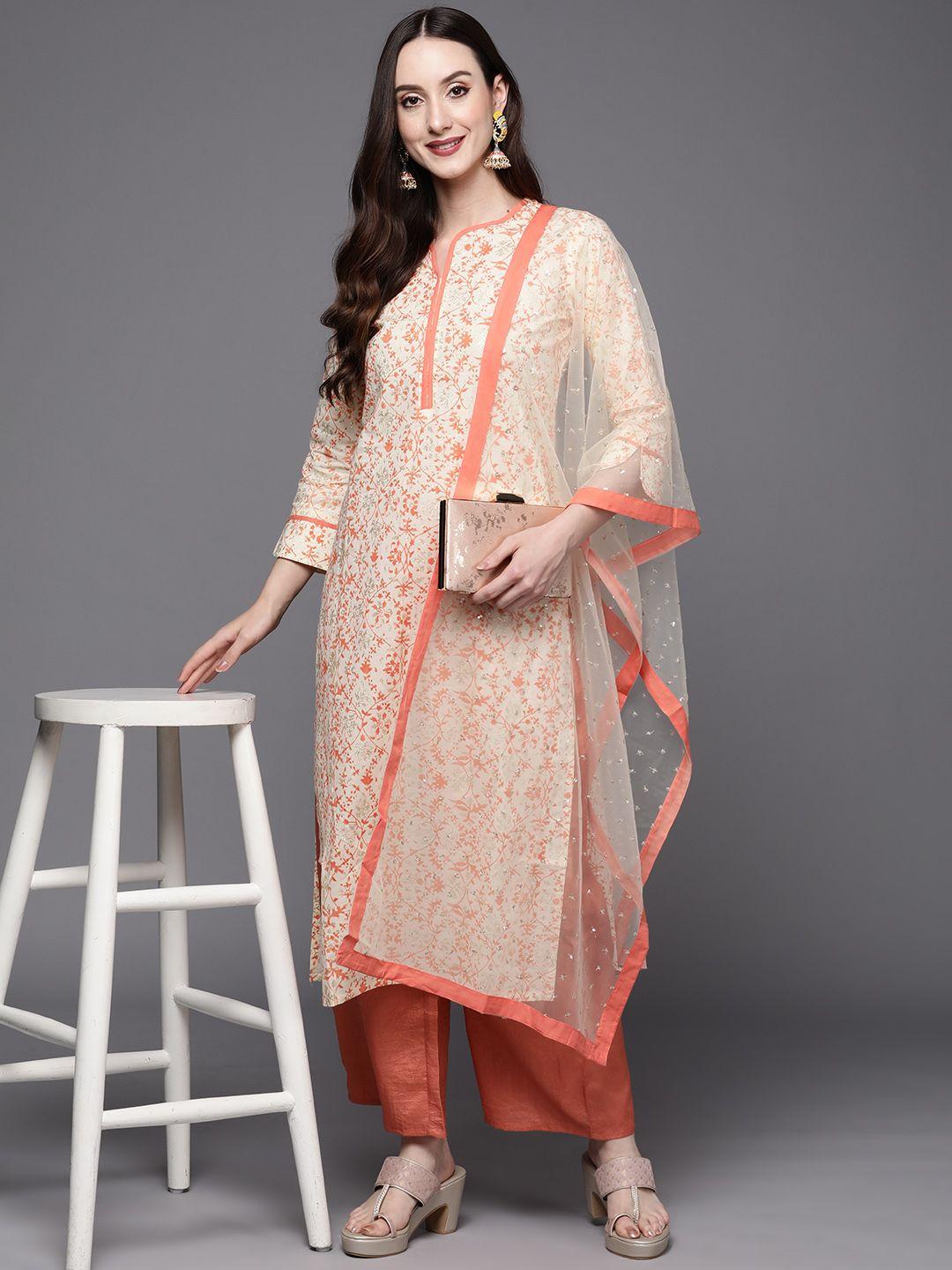 indo era women off white floral printed sequinned pure cotton kurta with palazzos & with dupatta