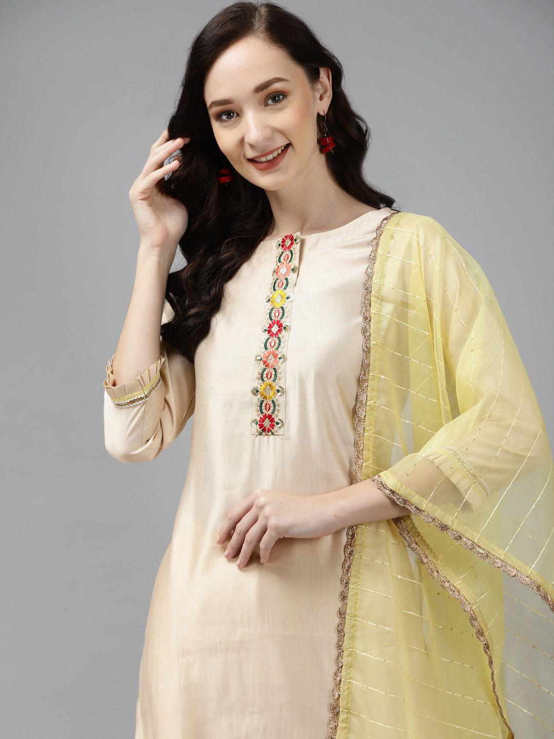 indo era women off white floral regular thread work liva kurta with palazzos & with dupatta