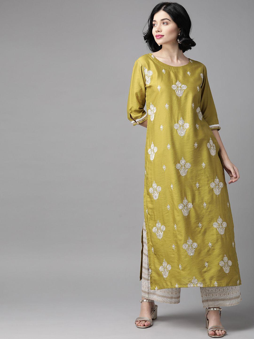 indo era women olive green & off-white embroidered kurta with palazzos