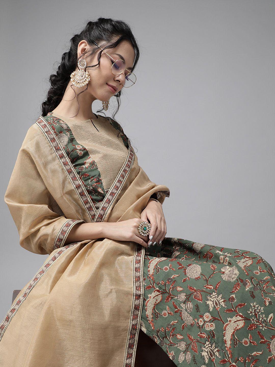 indo era women olive green & rust brown printed pure cotton kurta with palazzos & dupatta