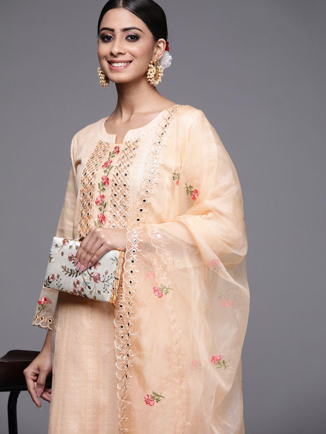 indo era women peach-coloured embroidered mirror work kurta with trousers & dupatta