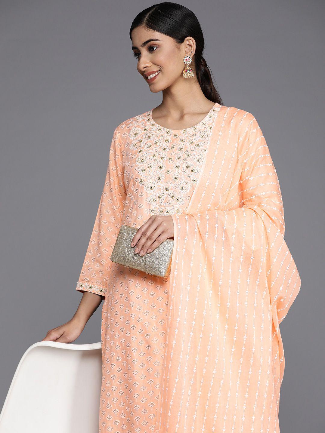 indo era women peach-coloured embroidered mirror work kurta with trousers & dupatta