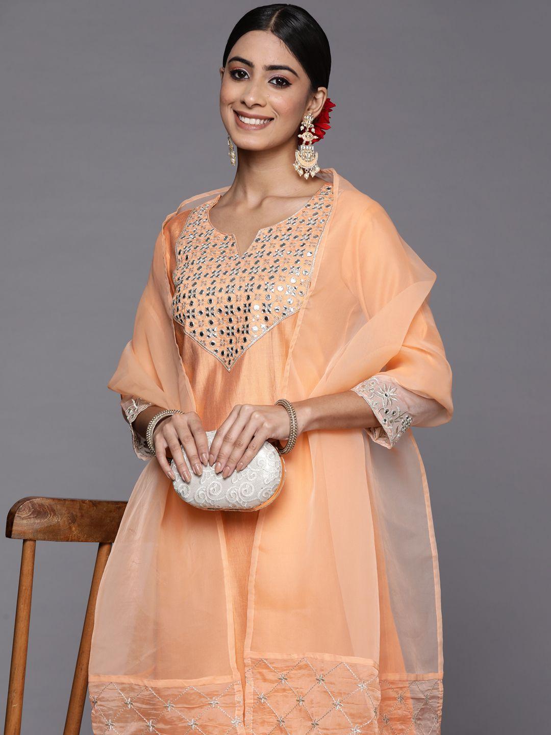 indo era women peach-coloured embroidered mirror work liva kurta with trousers & with dupatta