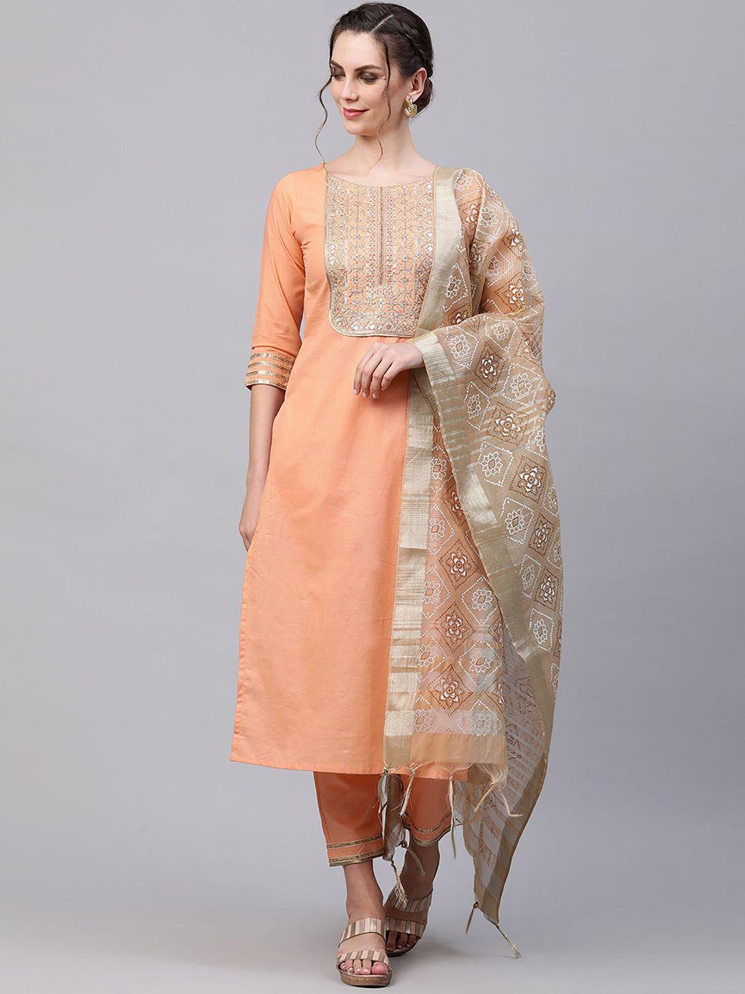 indo era women peach-coloured ethnic motifs embroidered kurta with trousers & dupatta