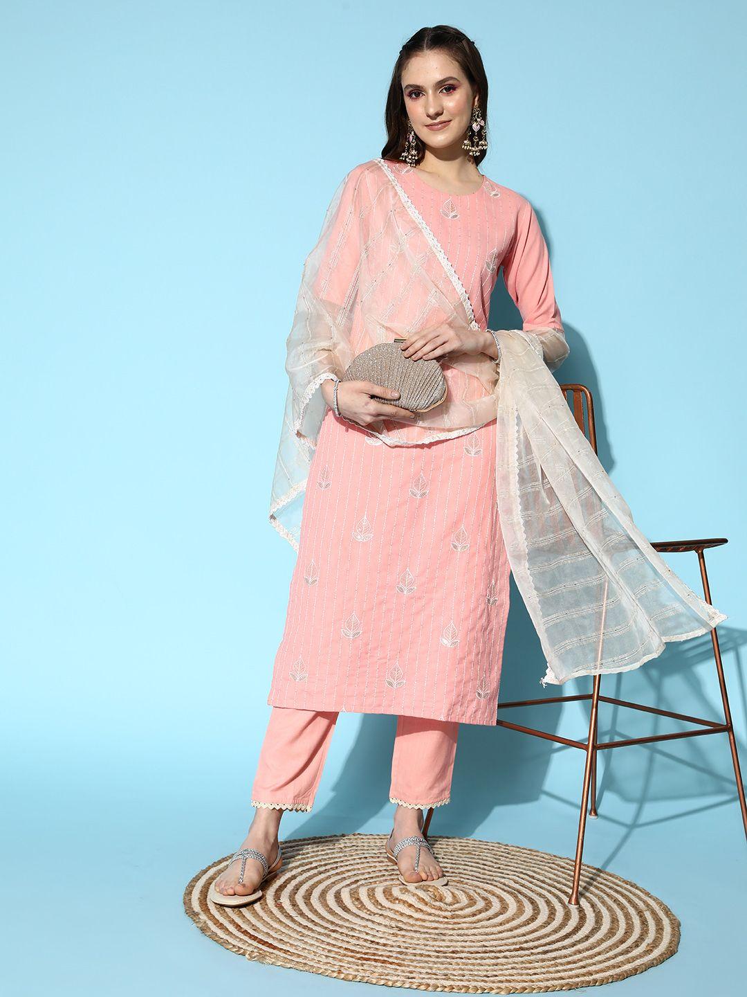 indo era women peach-coloured ethnic motifs embroidered sequinned kurta set