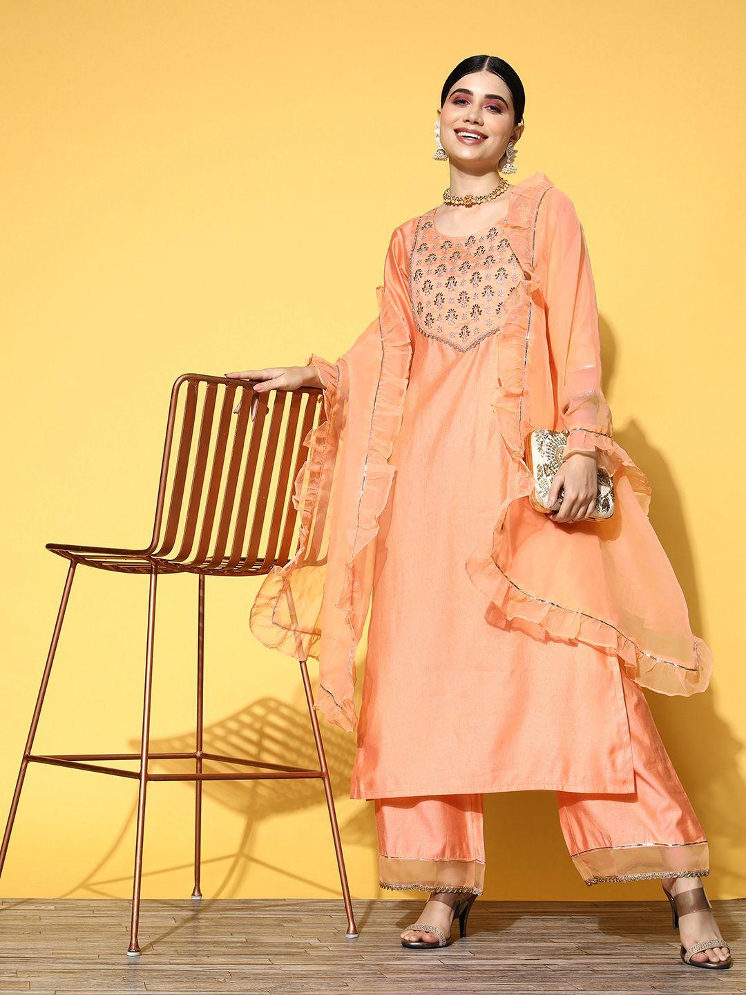 indo era women peach-coloured ethnic motifs embroidered sequinned liva kurta with palazzos & with dupatta