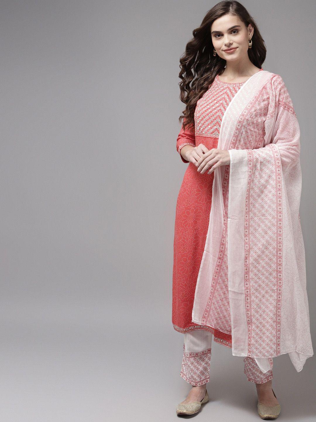 indo era women peach-coloured ethnic motifs printed empire kurta with trousers & with dupatta