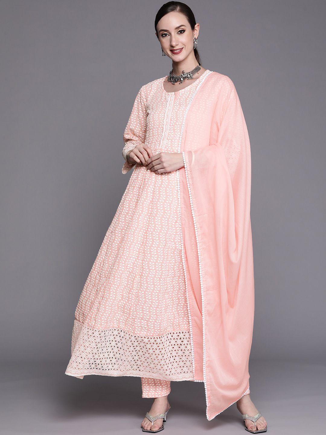 indo era women peach-coloured floral embroidered empire thread work kurta with trousers & with dupatta