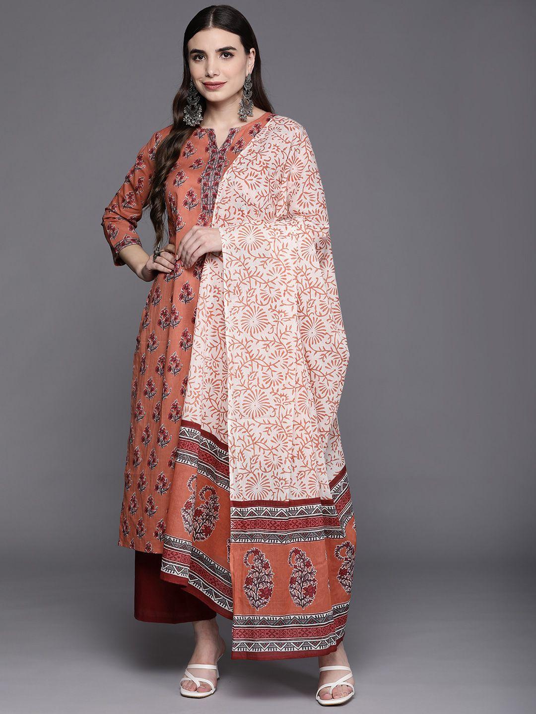 indo era women peach-coloured floral printed kurta with palazzos & with dupatta