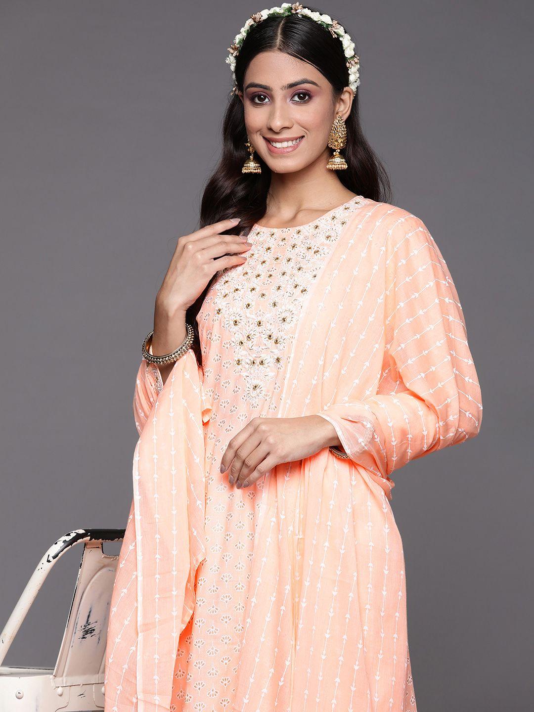 indo era women peach-coloured floral printed liva kurta with trousers & with dupatta