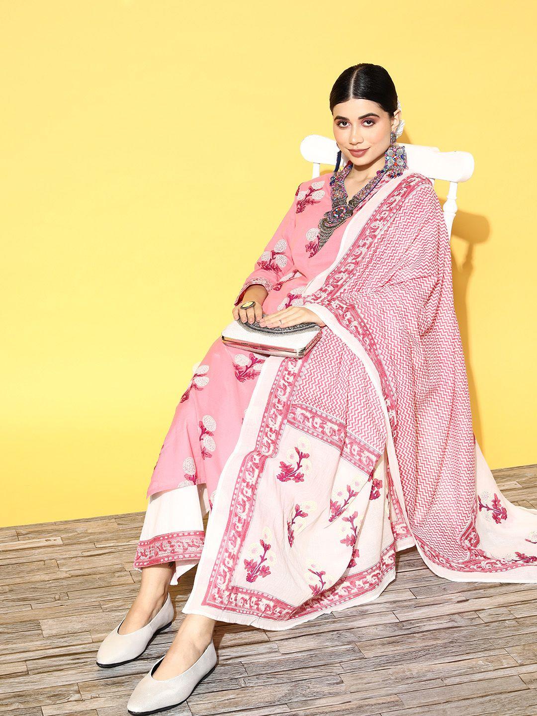 indo era women peach-coloured khari printed pure cotton kurta with palazzos & dupatta