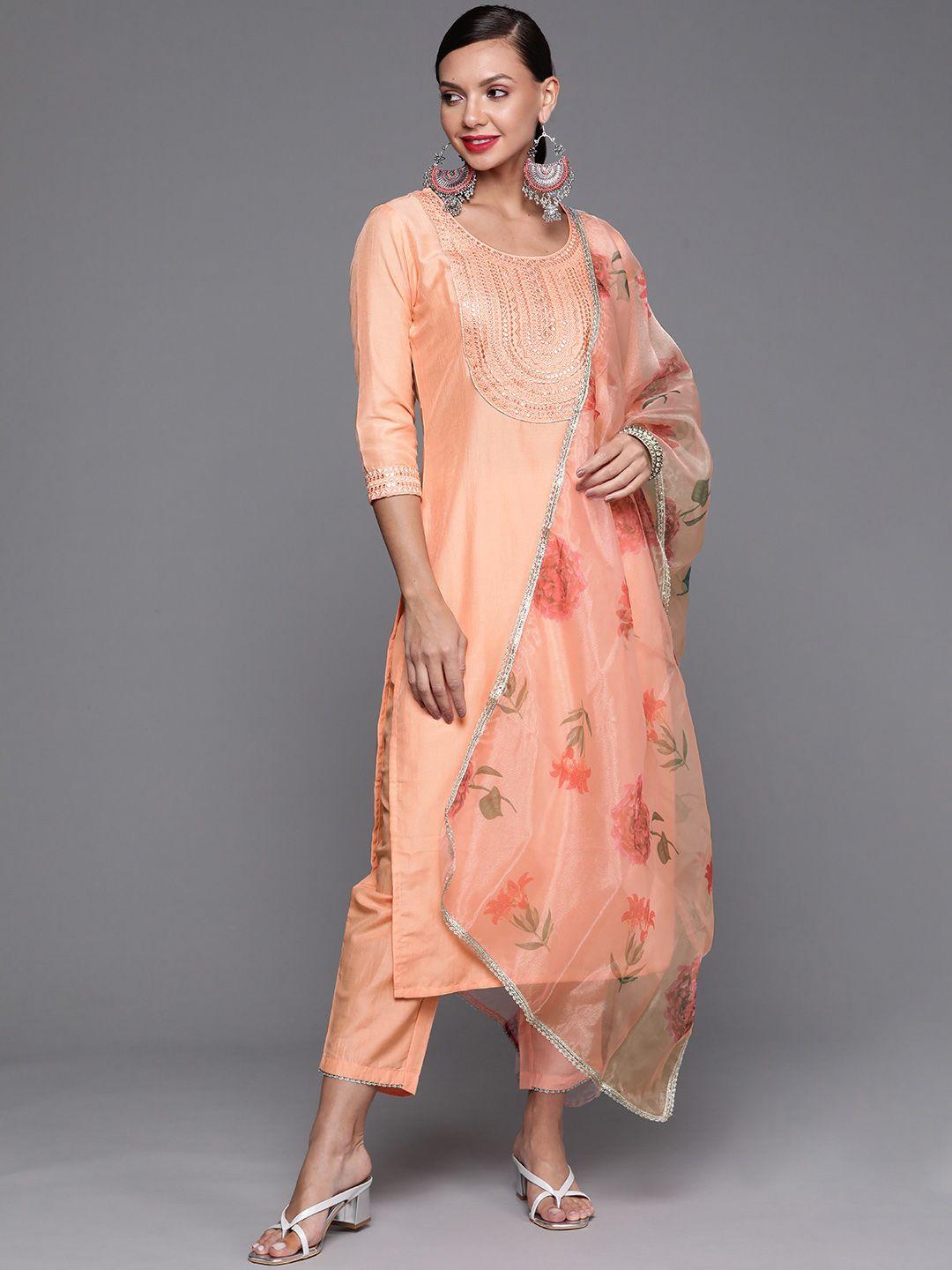 indo era women peach-coloured yoke design mirror work kurta with trousers & dupatta