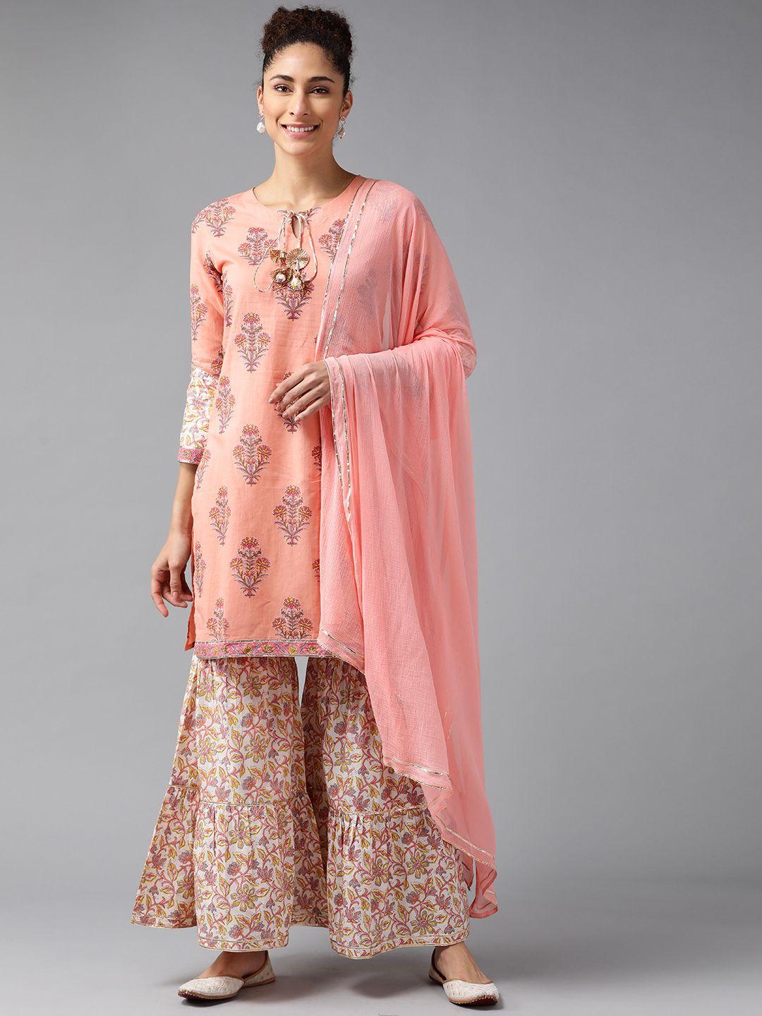 indo era women peach ethnic motifs printed pure cotton kurta with sharara & dupatta