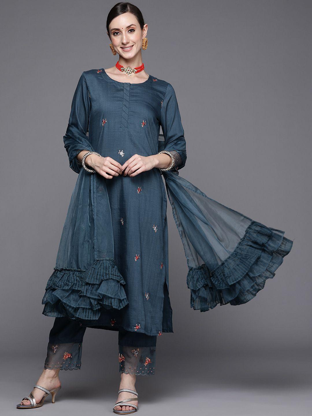 indo era women petrol grey floral embroidered kurta with trousers & dupatta