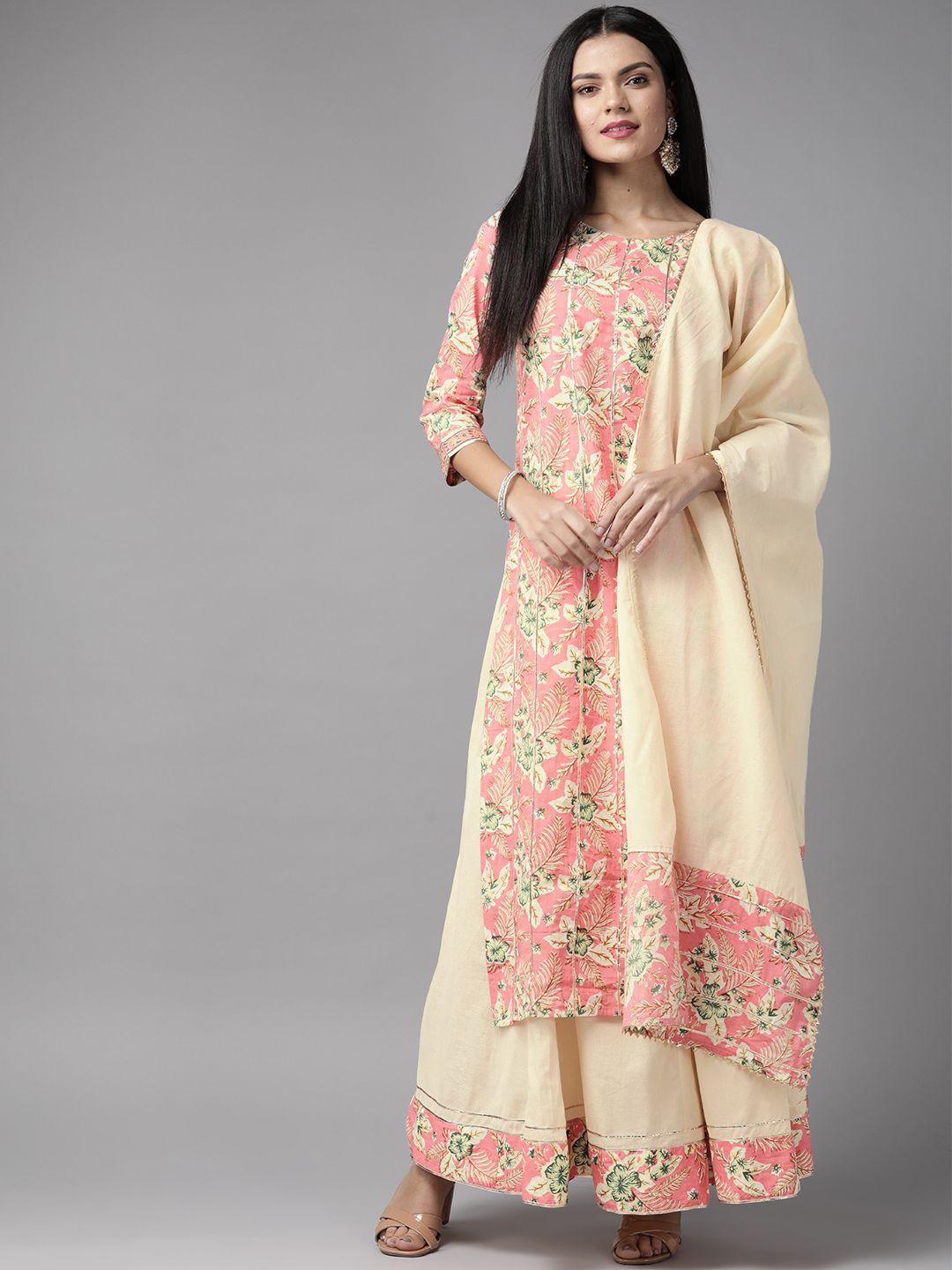 indo era women pink & cream-coloured floral print pure cotton kurta with skirt & dupatta