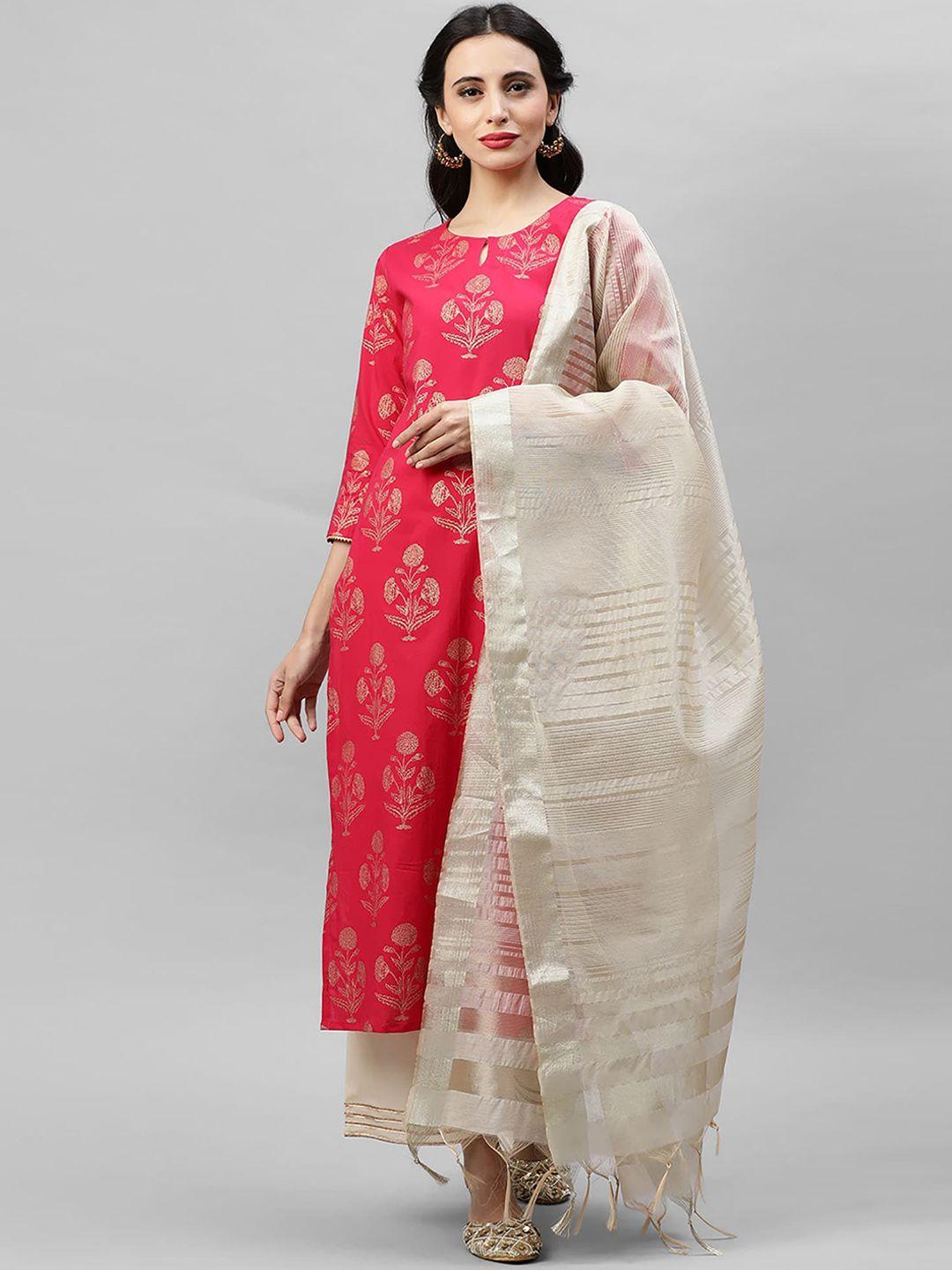 indo era women pink & cream-coloured foil printed kurta with palazzos & dupatta