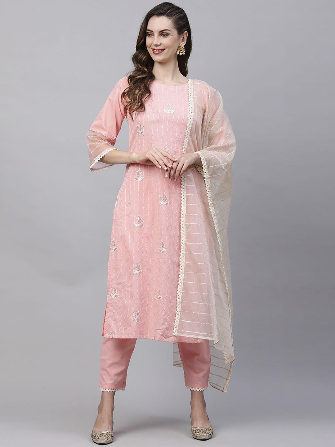 indo era women pink & off white embroidered kurta with trousers & with dupatta