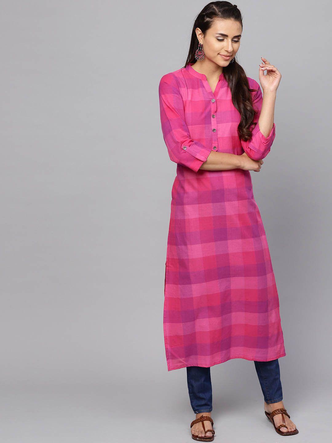 indo era women pink & purple checked straight kurta