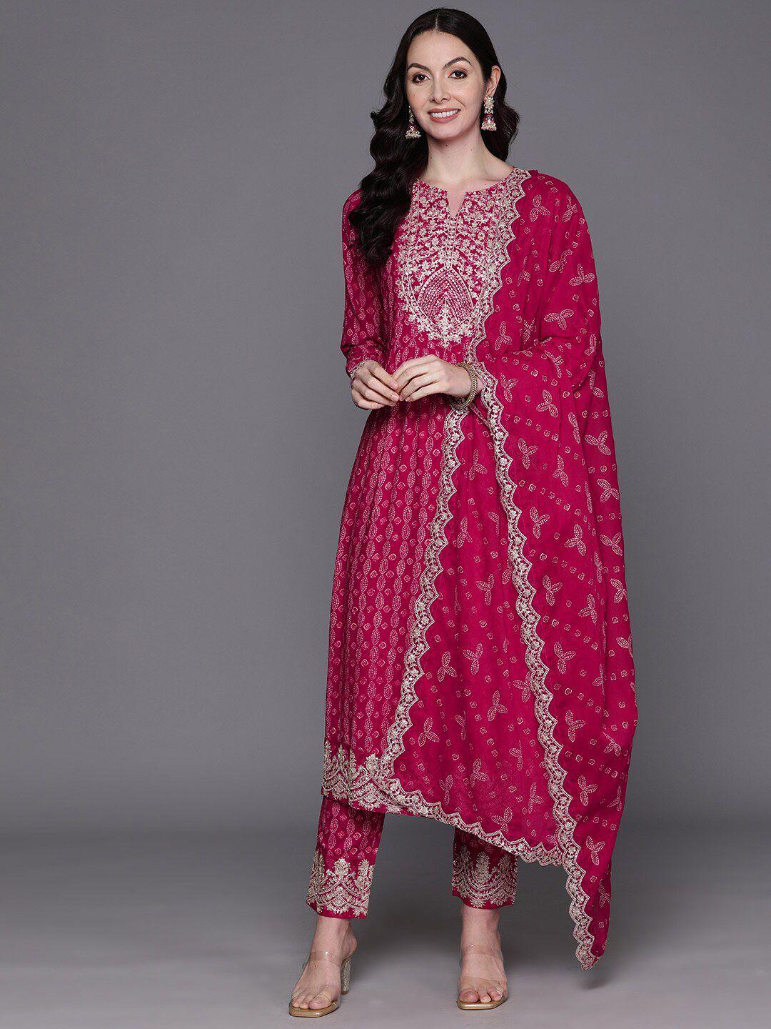 indo era women pink bandhani printed regular patchwork kurta with trousers & with dupatta