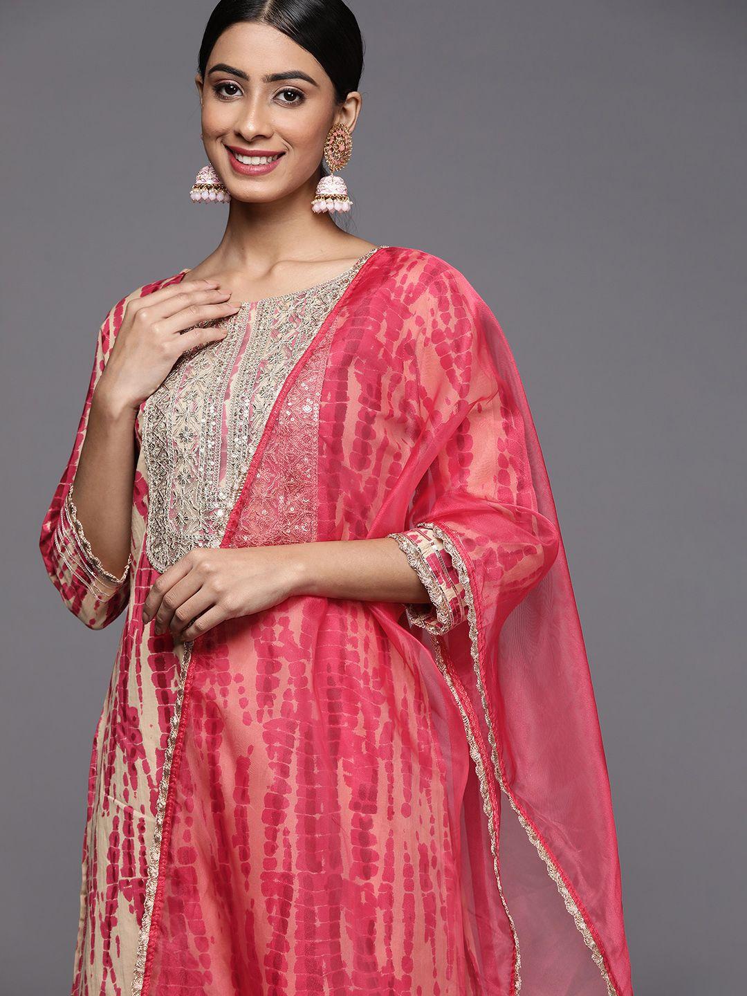 indo era women pink dyed sequinned kurta with sharara & with dupatta